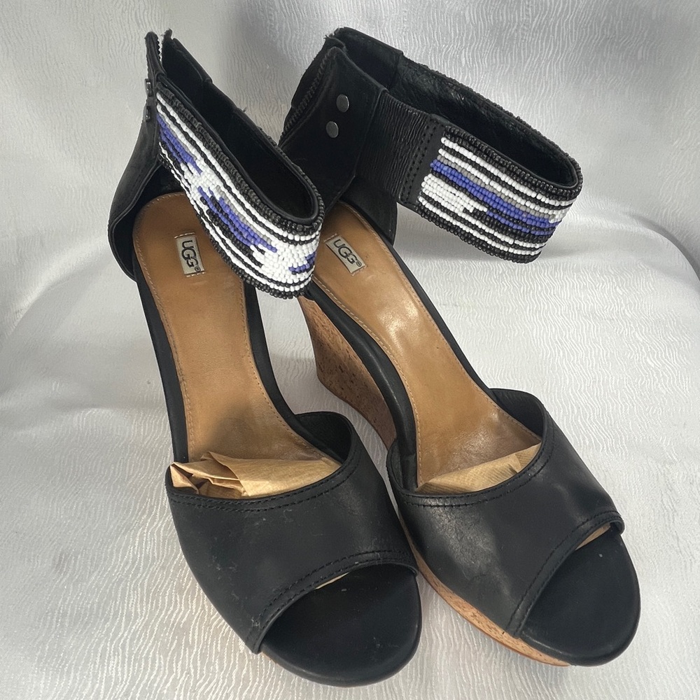 UGG Black Leather Wedge Sandals with Beaded Ankle Cuff